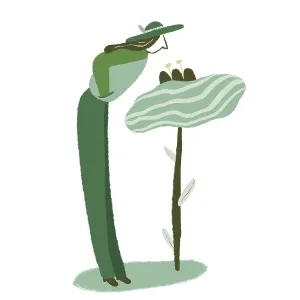 A minimalist illustration of a figure with a hat interacting with a large A minimalist illustration of a figure with a hat interacting with a large