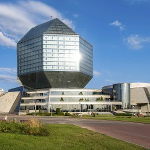Minsk, Belarus - 08.16.24. The National Library of Belarus against a blue sky