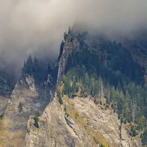 Misty mountain landscape with steep cliffs and dense forest Misty mountain landscape with steep cliffs and dense forest