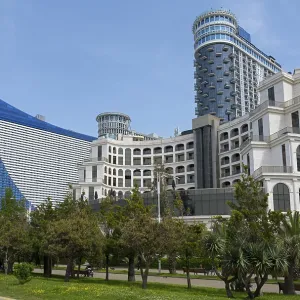 Modern high-rise buildings with glass facades in an urban setting