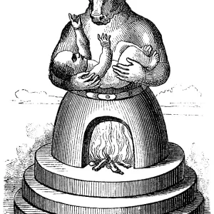 Moloch oder Molech wurde als Herrscher, Idol der Ammoniter betrachtet, hohles Abbild als Mann mit einem Ochsenkopf, Feuer erhitzt das Idol, ein Kind wird in seinen heißen Armen gelegt, Sprichwort, 1. Buch der Könige, Bibel, historische Illustration
