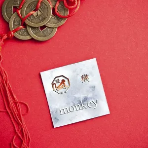 Monkey zodiac card with Chinese character on a red background with coins