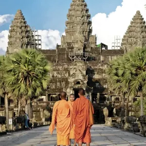 Monks wearing orange robes, Angkor Wat complex