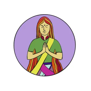 Mono line illustration of a young Indian woman pressing hands together with a smile to greet Namaste Mono line illustration of a young Indian woman pressing hands together with a smile to greet Namaste