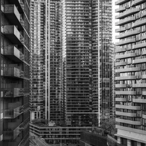 Monochrome view of dense high-rise buildings forming an urban landscape in Toronto Monochrome view of dense high-rise buildings forming an urban landscape in Toronto
