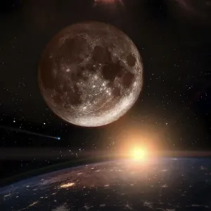 Moon over the dark planet Earth at sunrise Moon over the dark planet Earth at sunrise