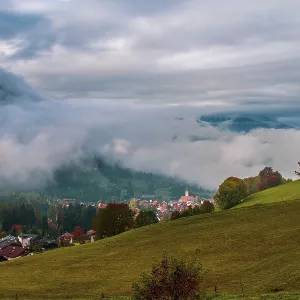 Morning mist over Seiser Alm in the Dolomites Morning mist over Seiser Alm in the Dolomites