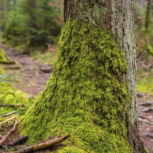 A moss-covered tree trunk in a quiet forest environment