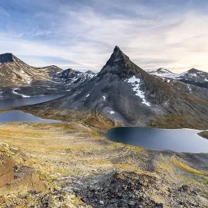 Mount Kyrkja with mountain landscape and lakes Mount Kyrkja with mountain landscape and lakes