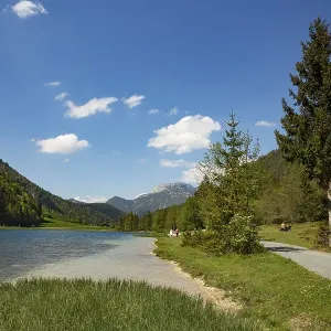 Mountain lake, hiking trail around the lake