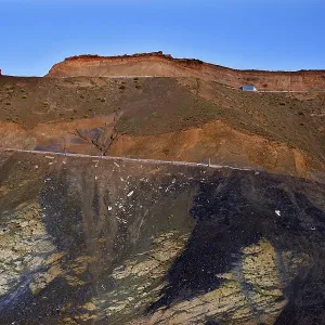 Mountain landscape in Tizi n'Tichka with impressive rock formations and road