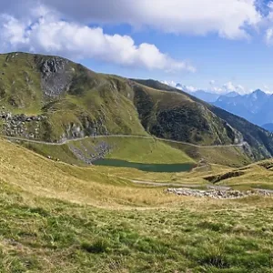 Mountain panorama with blue sky and clouds