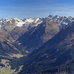 Mountain panorama to Monbiel and on to Silvretta with Piz Buin in autumn
