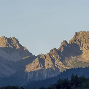 Mountain panorama at sunrise from Stillachtal into Warrmatsgundtal Mountain panorama at sunrise from Stillachtal into Warrmatsgundtal