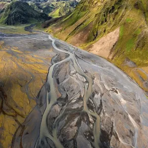 Mountain panorama, volcanic landscape and river Mountain panorama, volcanic landscape and river