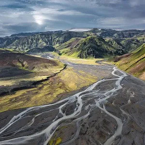 Mountain panorama, volcanic landscape and river Mountain panorama, volcanic landscape and river