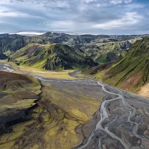 Mountain panorama, volcanic landscape and river Mountain panorama, volcanic landscape and river