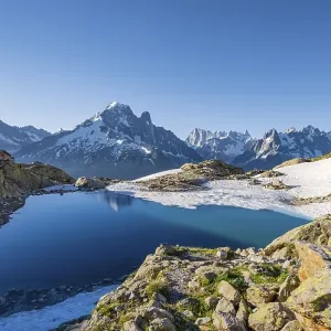 Mountain panorama with water reflection in Lac Blanc