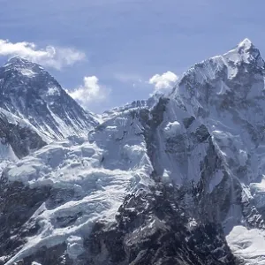 Mt Everest and Nuptse. Blue sky
