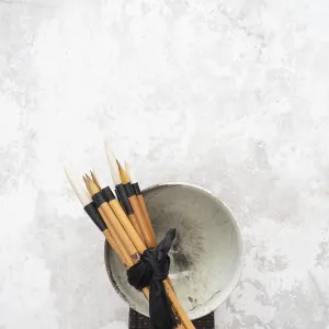 Multiple calligraphy brushes tied together with a black ribbon are resting on a ceramic bowl Multiple calligraphy brushes tied together with a black ribbon are resting on a ceramic bowl