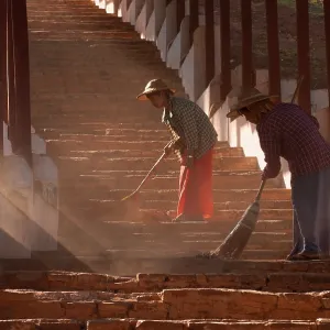 Myanmar, Asia, stair cleaning, two woman, Asia Myanmar, Asia, stair cleaning, two woman, Asia