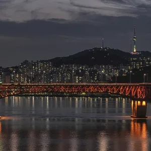Seoul Tower at Night over Han River Print
