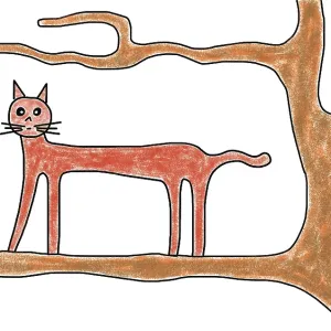 Naive Illustration Print: Children Draw Big Cat Tree Scene Naive Illustration Print: Children Draw Big Cat Tree Scene
