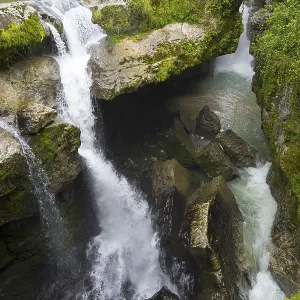 Narrow waterfall through deep gorge surrounded by thick greenery Narrow waterfall through deep gorge surrounded by thick greenery
