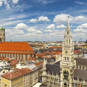New Town Hall and Frauenkirche Church on Sunny Summer Day