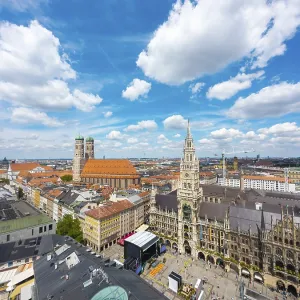 New Town Hall and Frauenkirche Church on Sunny Summer Day