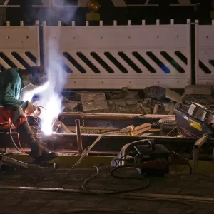Nocturnal welding works on the track bed of a tram Nocturnal welding works on the track bed of a tram