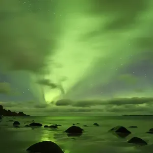 Northern Lights, Aurora Borealis above the beach of Utakleiv