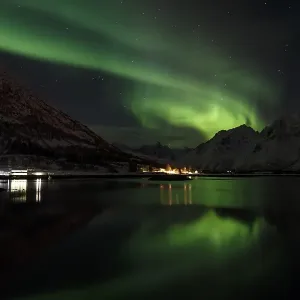 Northern Lights or Aurora Borealis over the Vatter Fjord