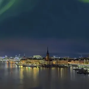 Northern lights, panorama over Stockholm