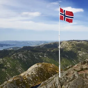 Norwegian Flag in mountains near Bergen Ulriken