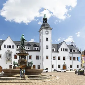 Obermarkt with town hall and fountain monument with city founder Otto the Reiche