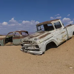 Old car wreck in sand, vintage car