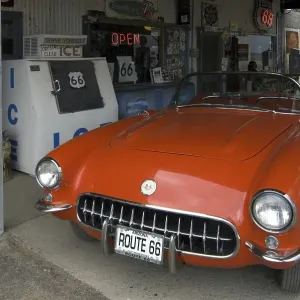 Old Corvette vintage car at gas pump of the General Store along the historic Route 66 in the Hackberry ghost town