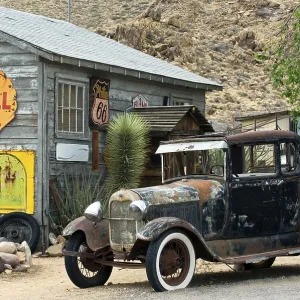 Old Ford vintage car along Route 66 at the General Store of the ghost town Hackberry in Arizona Old Ford vintage car along Route 66 at the General Store of the ghost town Hackberry in Arizona
