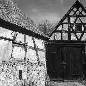 Old half-timbered buildings shot in black and white
