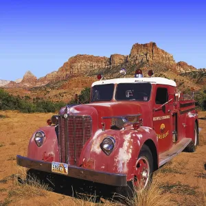 Old-style Red Fire Engine Print, Zion Canyon, Utah Old-style Red Fire Engine Print, Zion Canyon, Utah