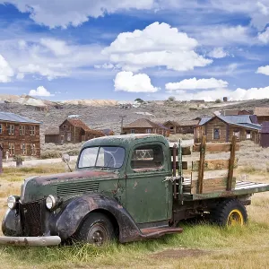 An old vintage truck rests where it died in a California goldrush ghost town