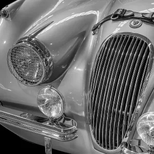 Oldtimer detail, Jaguar XK 120, in black and white Oldtimer detail, Jaguar XK 120, in black and white