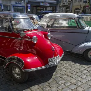 Oldtimer meeting, Vintage Messerschmitt cabin scooter FMR, model variants of the KR 200, built in 1955-1964, market place, Nidda, Hesse, Germany, Europe Oldtimer meeting, Vintage Messerschmitt cabin scooter FMR, model variants of the KR 200, built in 1955-1964, market place, Nidda, Hesse, Germany, Europe