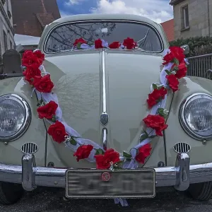 Oldtimer, VW Beetle from 1955 as wedding car decorated with roses