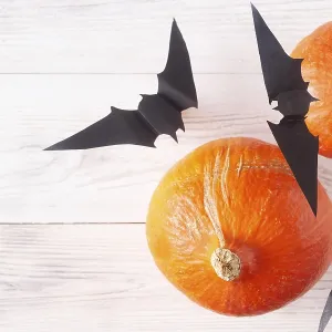 Orange pumpkins and black paper bats on white plank background Orange pumpkins and black paper bats on white plank background