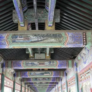 Ornate, painted ceiling beams in traditional architecture with rich detail Ornate, painted ceiling beams in traditional architecture with rich detail