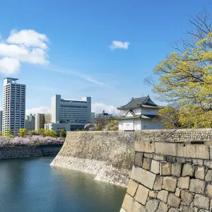 Osaka Castle Wall Watch Tower, Moat Park with Water