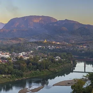 Panorama over Luang Prabang with Nam Khan River and Wat Phol Pao in the background