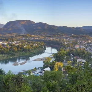 Panorama over Luang Prabang with Nam Khan River and Wat Phol Pao in the background